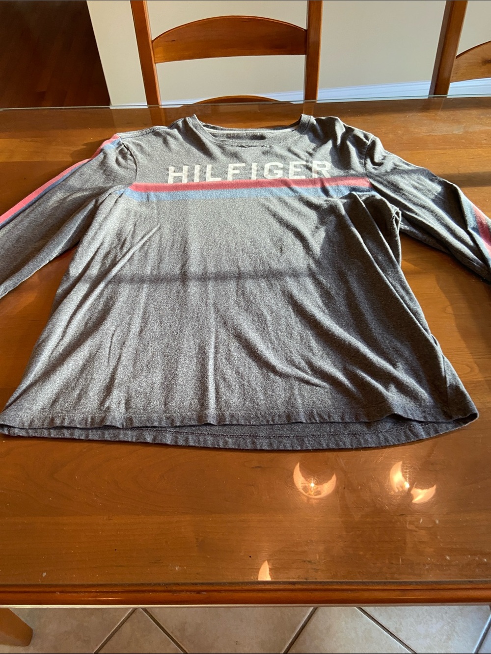 Tommy Hilfiger Gray Long Sleeve Tee with Red & Blue Stripes. 100% Cotton. M